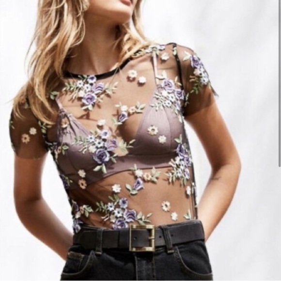 Urban Outfitters Floral Embroidered Sheer Top - Picture 1 of 5